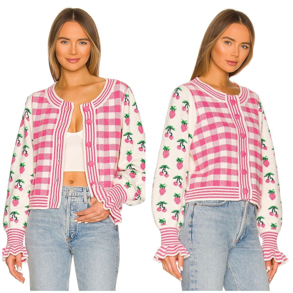 LoveShackFancy Keoni Strawberry Cardigan Sweater Fruit Punch LoveShackFancy Keoni Strawberry Cardigan Sweater Fruit Punch