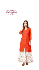 Orange Lucknowi Chikankari Kurti for Women Hand Embroidered Cotton Kurta