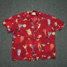 VINTAGE Paradise Found Shirt Mens Large Red Hawaiian Rayon Cocktails Drinks