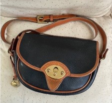 VTG Dooney Bourke All Weather Leather Shoulder Bag, Black Brown, Logo Buckle