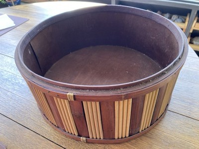 1950's Large Round Bamboo Sided Wood  Basket 13'' x 5.5''