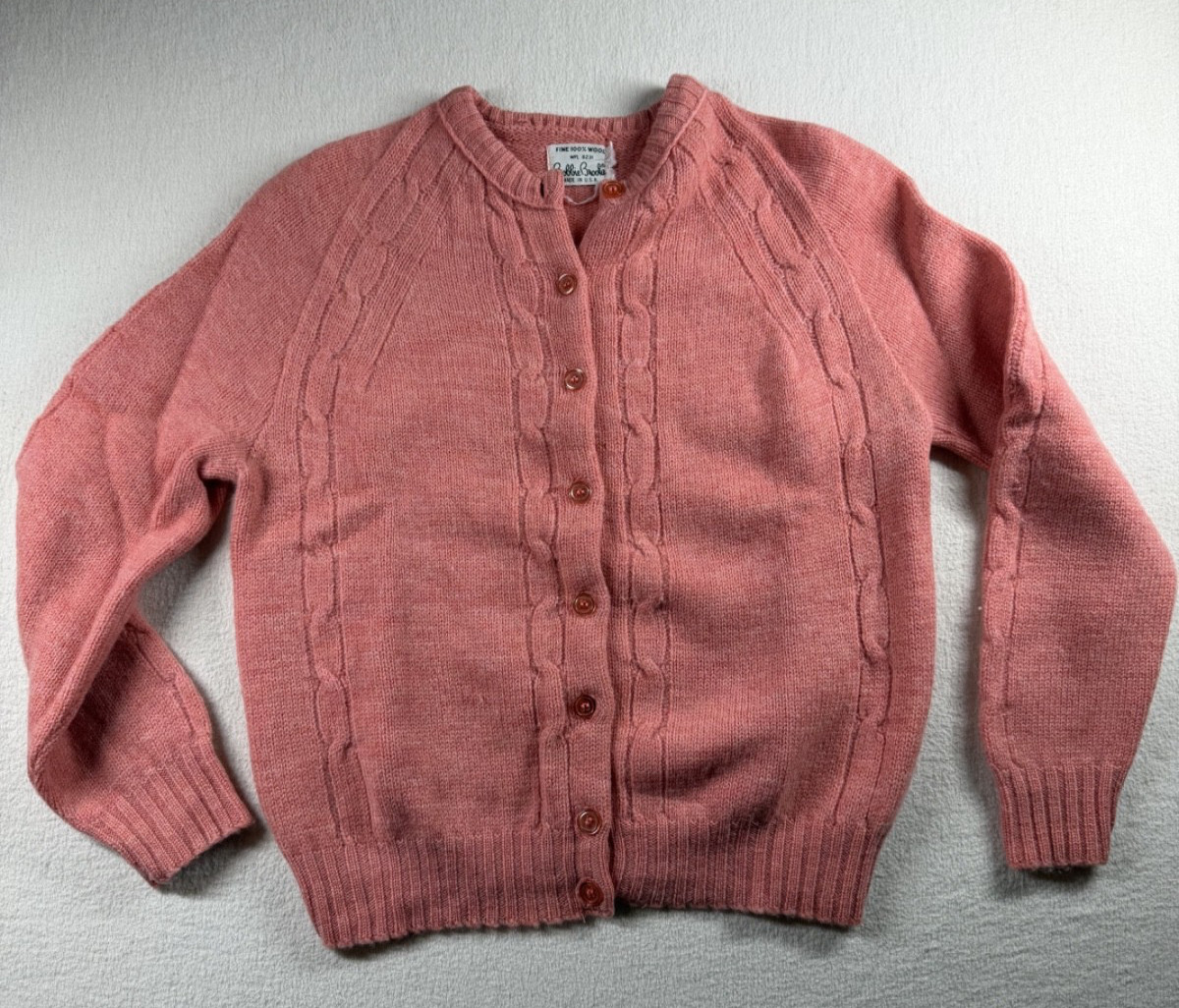 Vintage Bobbie Brooks pink cable knit wool cardigan, USA union made