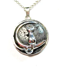 Silver Tone Black Lava Stone Cat on Moon Pendant 17" Necklace - NWOT (#2942)