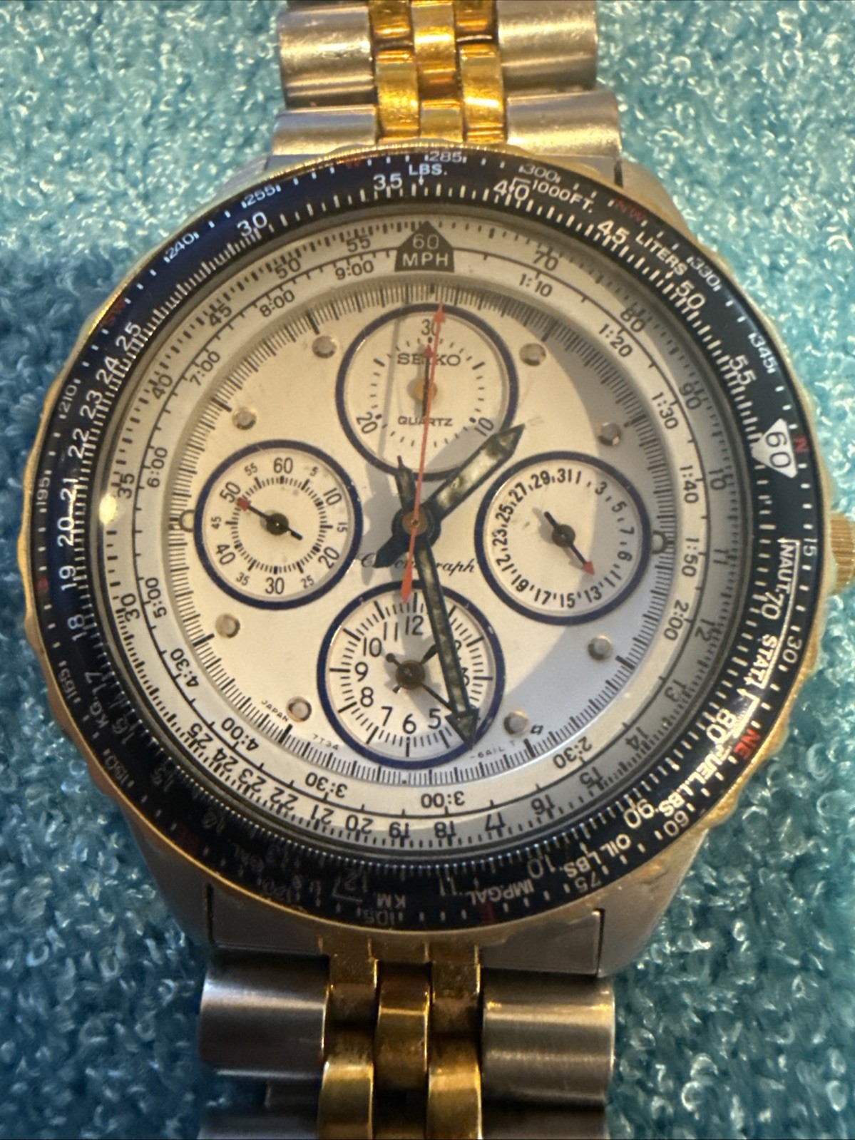 Vintage Seiko Flightmaster 7T34-6A09 Two-Tone Chronograph 41mm Working Bracelet Watch