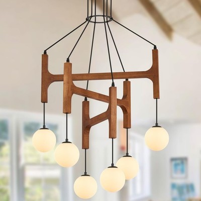 Farmhouse L28 '' Wooden Chandeliers with Milk Glass Globes Lampshades, Rustic...
