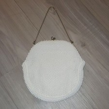 Vintage White Beaded Clutch With Chain Handle 1950's Small Handbag Purse
