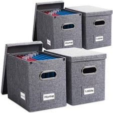 File Organizer Box - Set of 4 Collapsible Decorative Linen Filing Storage Han...