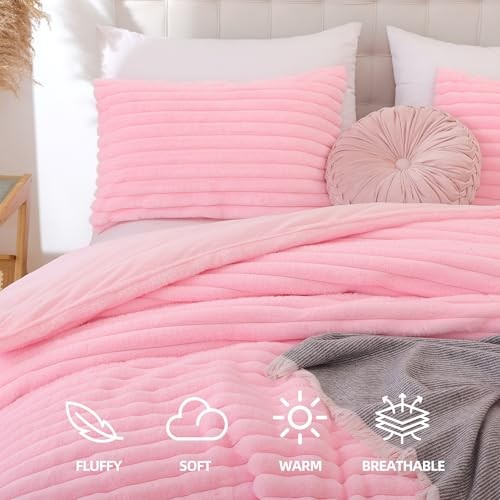 Fluffy Queen Bettdecken Set 3-teilig - Rosa Fleece Flauschiges Bettdecken Set, - Bild 2 von 6