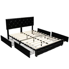 Full PU Leather Upholstered Platform Bed w/  Adjustable Headboard 4 Drawers