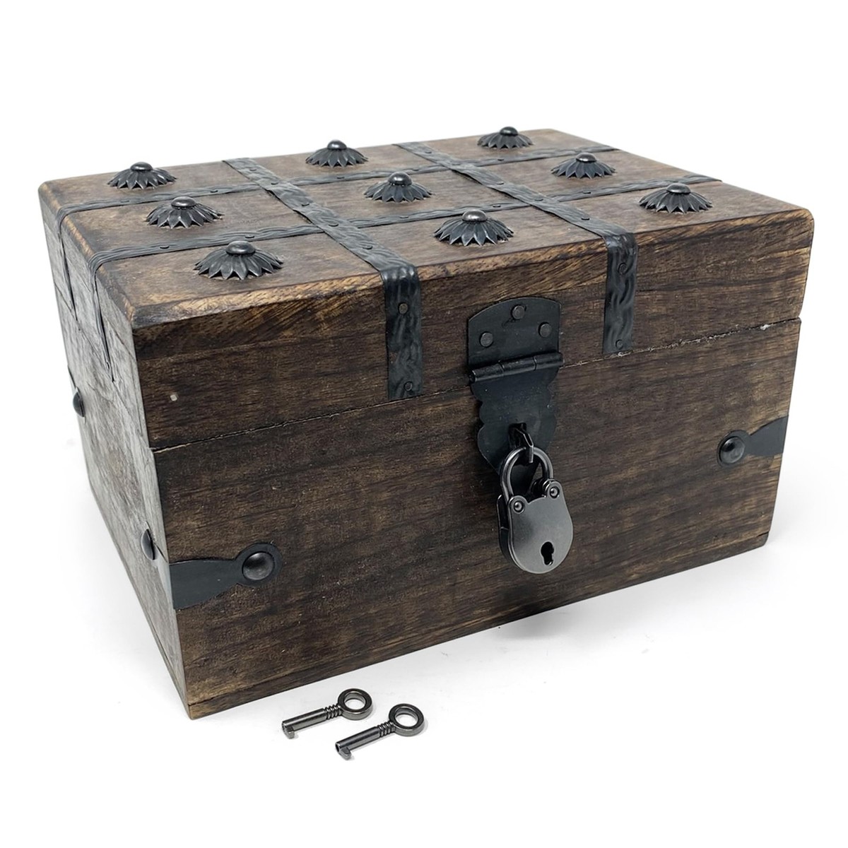 Treasure Chest Wooden Box with Antique Iron Lock and Skeleton Key