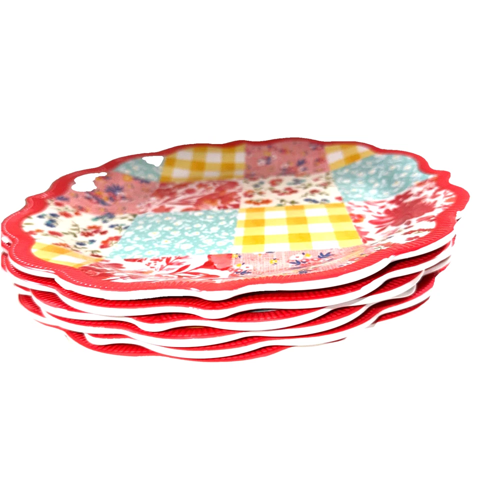 Plato de cena 6 Pioneer Woman Patchwork Medley borde coral melamina 10,7 pulgadas nuevo Foto 4 de 4