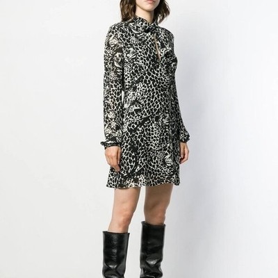 Saint Laurent Leopard Head Llavaiere Long Sleeve Neck Tie Silk A Line Mini Dress