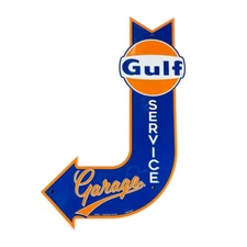 Gulf Gasoline Gas Oil Embossed 18"x11" J Arrow Metal Tin Sign Garage Man Cave