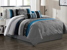 11 Pc Preston Royal Damask Floral Comforter Curtain Set Blue Gray