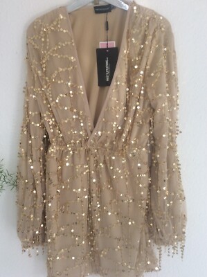 Pretty Little Thing. Plunge V-neck, gold sequin tassel mini-dress 10 | eBay  UK