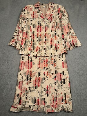 Midnight Velvet Skirt Suit Floral Beige Rose Career Button Large L 10 Ruffles
