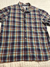 Duluth Trading Co Shirt Mens Large Blue Yellow Untucked Plaid Slim Fit Casual 