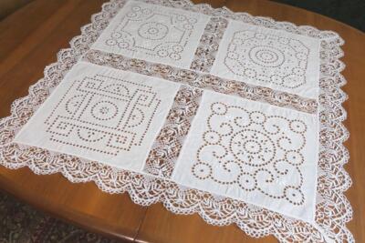 EXQUISITE ALTE HANDARBEIT LEINEN CARREE LOCHSTICH KLÖPPELSP 80x80CMR40
