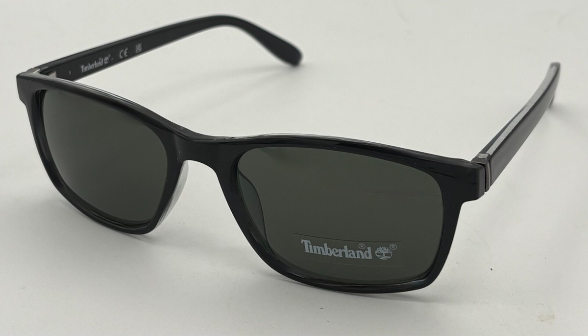 Timberland Shiny Black Mens Plastic Rectangle Sunglass, Green Lens
