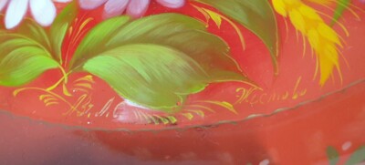 ANCIEN GRAND PLATEAU TOLE PEINTE GROSSES FLEURS ORIGINE RUSSE USSR + 2 ANCIEN GRAND PLATEAU TOLE PEINTE GROSSES FLEURS ORIGINE RUSSE USSR + 2