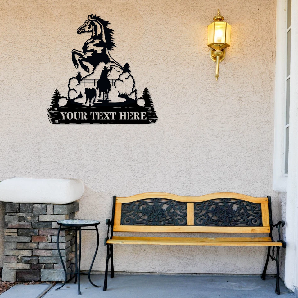 Placa de metal personalizada nome cavalo empinado presente. Decoração de parede personalizada de cowboy - Imagem 4 de 4