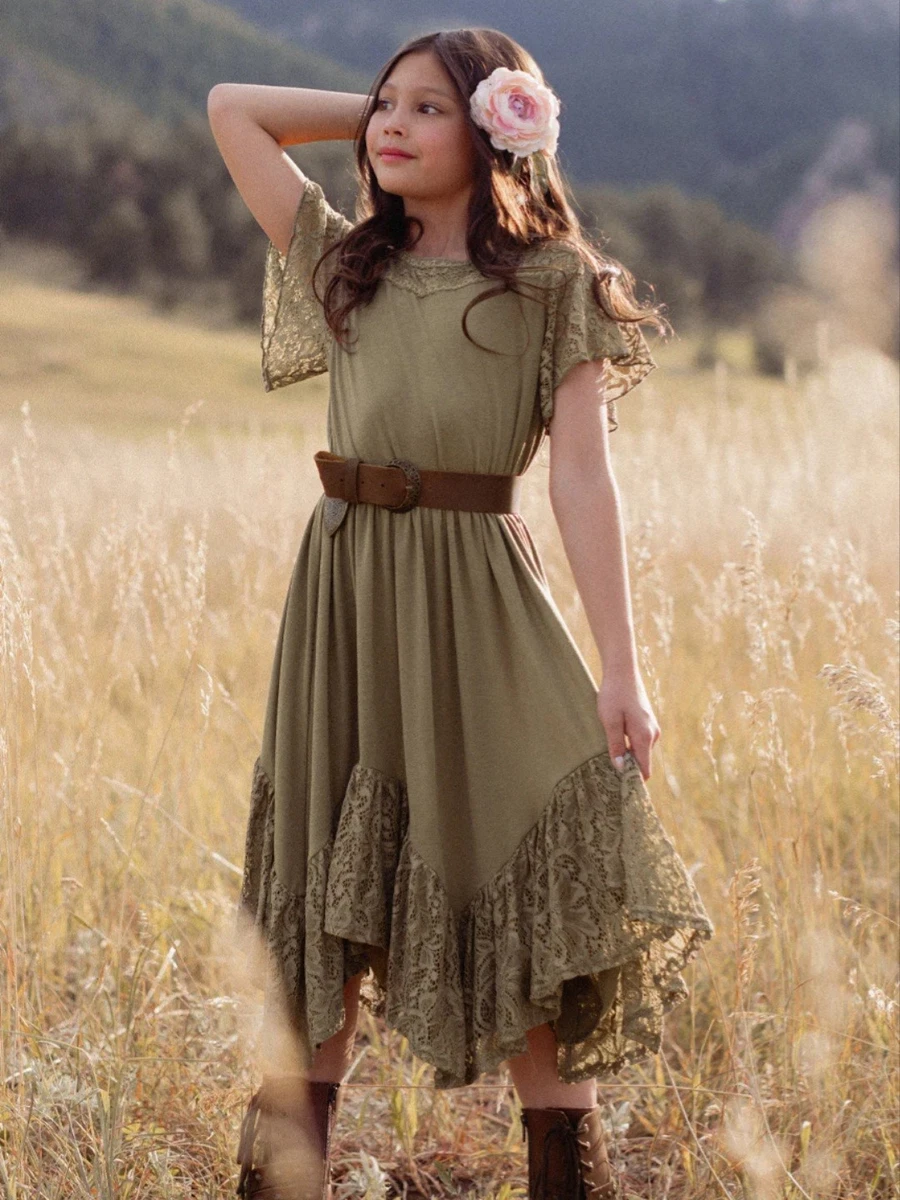 open lace back dress Girls Linen Summer Dress Olive Green – The Vintage Teddy main image 1