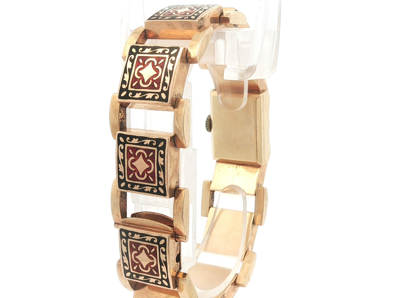 Vintage Retro Omega 14k Gold Black & Red Enamel Textured Wrist Watch Bracelet image 6