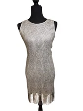 Y2K Charming Charlie Silver Fringe Flapper crochet Party Dress Size Small