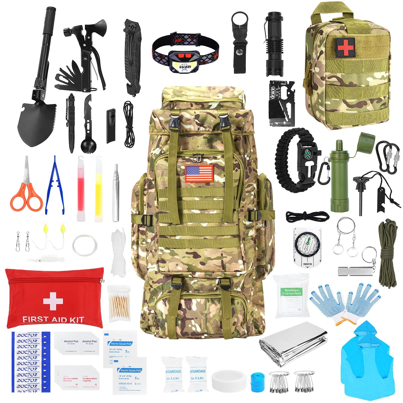 Professional Survival Gear Kit with Large Camping Backpack & First Aid Essentials