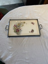 Jugendstil Tablett Keramik/Metall Blumendeko, frühes 20. Jahrhundert