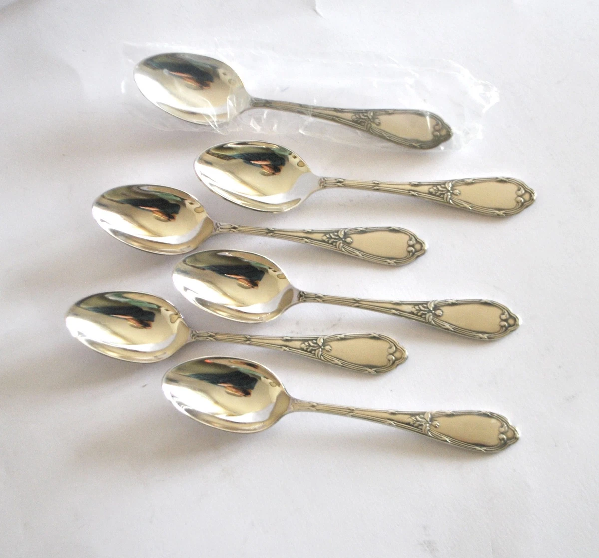 DEETJEN Lot 6 cuillères café dessert en métal argenté Rubans croisés 14.5 cm
