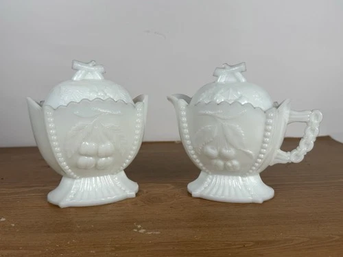 Vintage Westmoreland Milk Glass Cherry & Grape Sugar Bowl & Creamer with Lids