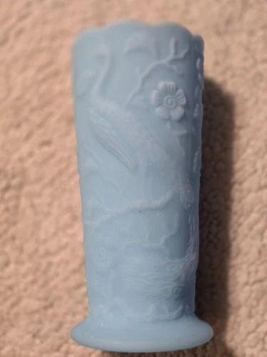 FENTON, PEACOCK PATTERN 8257 BA, BLUE SATIN GLASS 8" TALL VASE