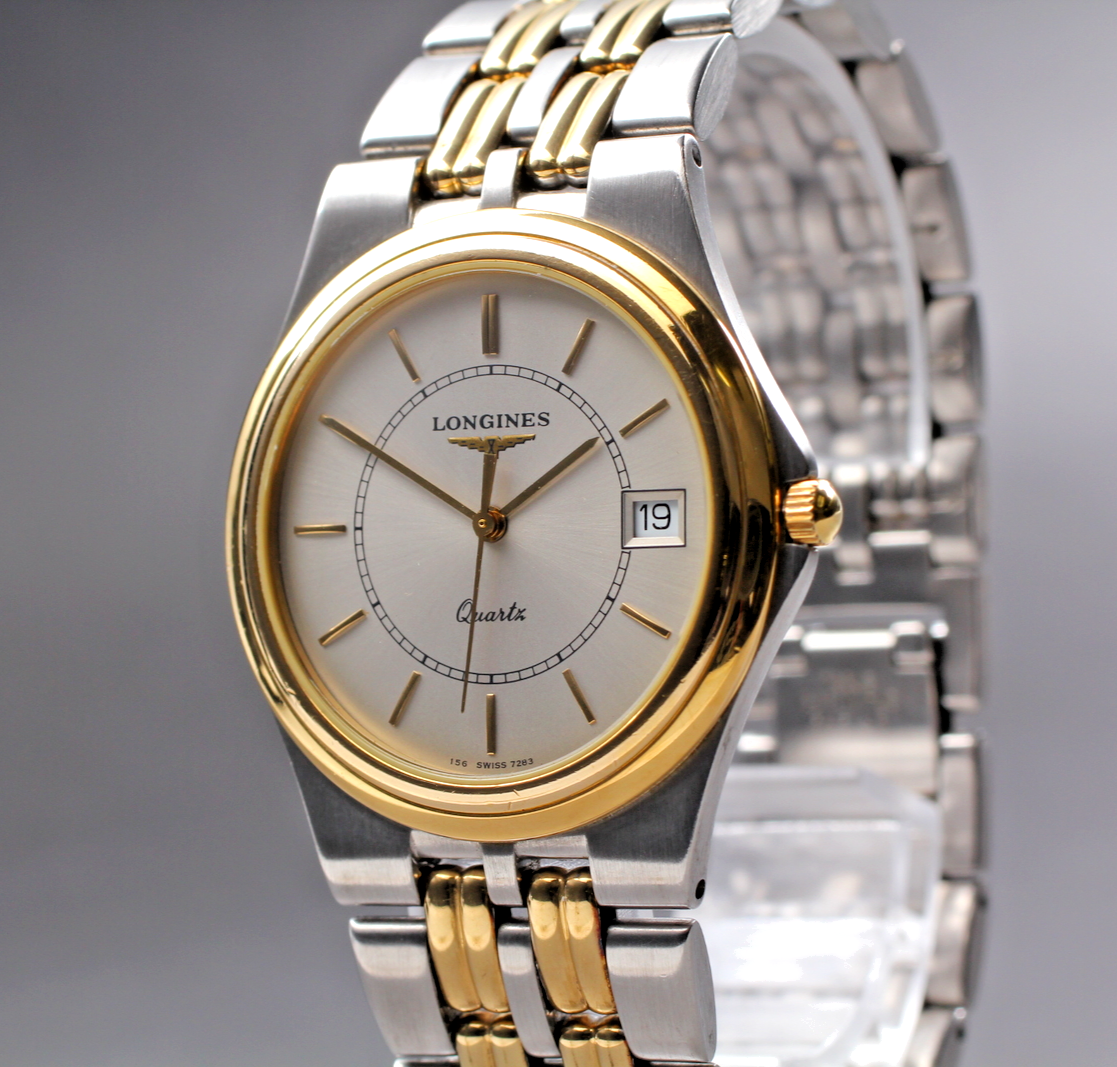 Longines Flagship 7283 QZ Men's 32MM Two-Tone Watch Grey Dial SS GP Bracelet