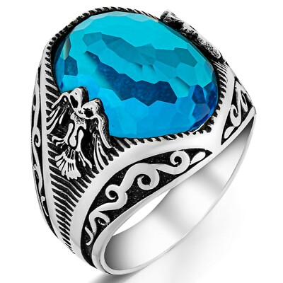 925 Sterling Silver Double Headed Eagle Blue Topaz Stone Men's Ring