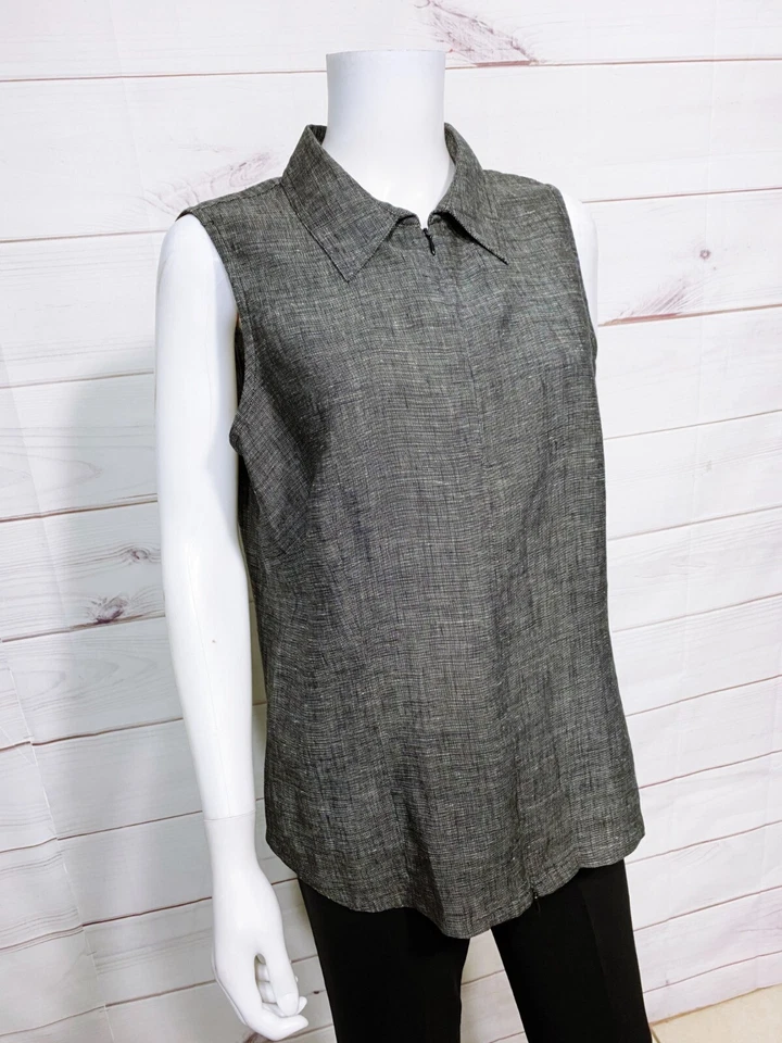 Liz Claiborne Womens Top Size 16 Gray Front Zip Collared Sleeveless 100% Linen — 第 2/4 张图片