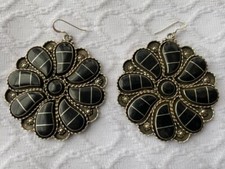 Native American Zuni Brian Leekity Sterling Black Jet Pinwheel Hook Earrings
