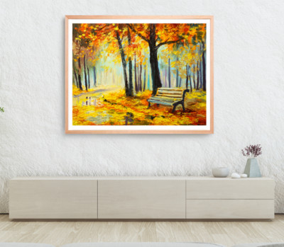 Forest Print, Bench Wall Art,  Watercolor Framed Vector Wall Art, Oil Paintiing