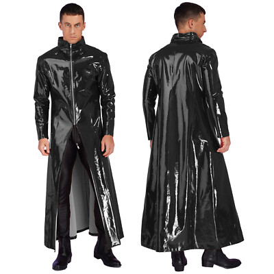 【COSYHARU】Luke Mustang Long Coat Mans Metallic Leather Turtleneck Trench Coat Long Jacket