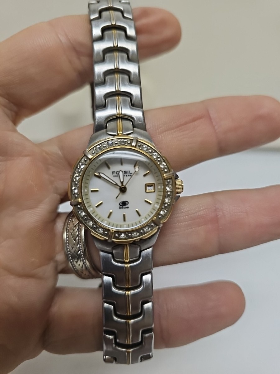 Ladies Fossil Blue AM-3757 Two Tone Mother of Pearl Dial Crystal