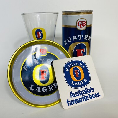 Foster's Lager 500ml Steel Beer Can Pilsner Glass 2 X Coasters VTG 1980's Empty
