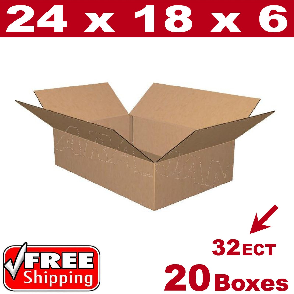 20 Pack 24x18x6 Kraft Corrugated Boxes - ECT-32, Single Wall, Made In USA By ShippingSuppliesByMail
