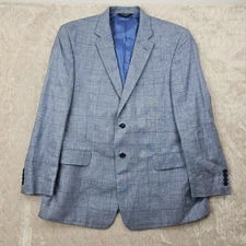 Jos A Bank Blazer Mens 44R Windowpane Linen Blend Sport Coat Jacket Check Blue