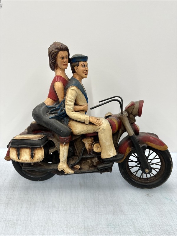 Large Vintage Sailor & Woman on a Harley Davidson Motorcycle Resin Sculpture
