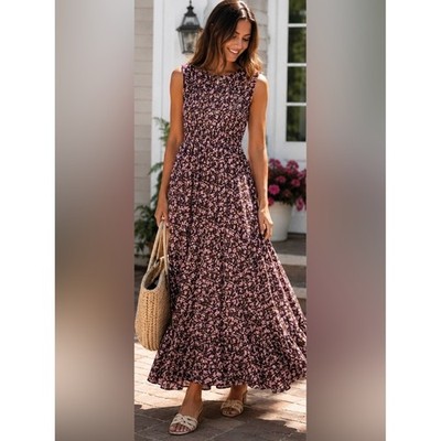 Caroline Constas Smocked Floral Maxi Dress Burgundy Pink Cotton Sleeveless L