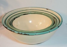 Vtg Enamelware Chippy Nesting Bowls Set 4 Cream Green Rims Farmhouse 6.5-9