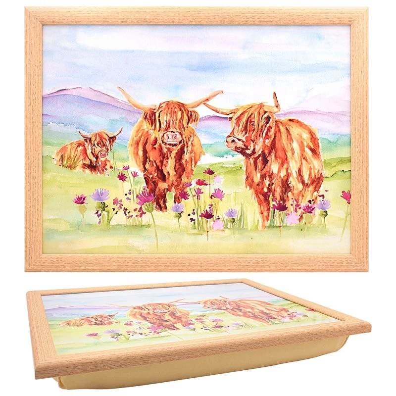 LESSER & PAVEY Highland Cow Laptray Farmhouse Country Cushion Serving Board Rustic Home Comfort