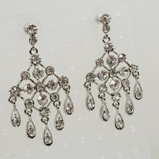 Clear Rhinestone Fashion Earrings Chandelier Dangle Sparkles Party Silver Tone
