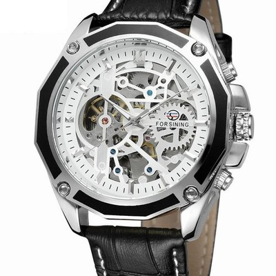 Forsining Men Automatic Mechanical Watch Leather Strap Self-wind Skeleton Watch