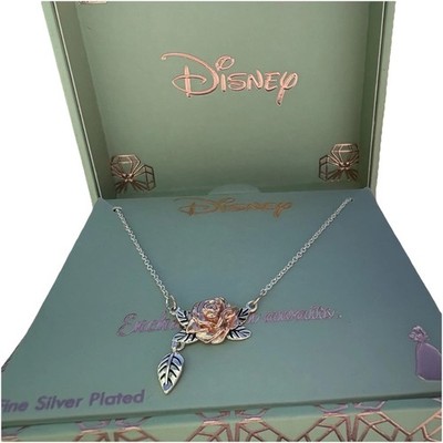 Disney Enchanted Rose Necklace Silver Plated Belle Beauty Beast